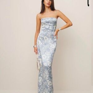 Reformation Frankie silk dress porcelain blue white floral formal wedding guest